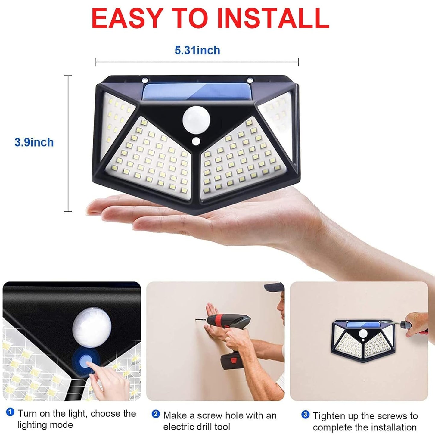 Oferta 2+2 CADOU: Lampi Solare 100 LED, Ultra Luminoase, Panou Solar Integrat, Rezistente La Apa, Senzor de Miscare si de Lumina