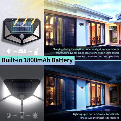 Oferta 2+2 CADOU: Lampi Solare 100 LED, Ultra Luminoase, Panou Solar Integrat, Rezistente La Apa, Senzor de Miscare si de Lumina