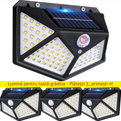 Oferta 2+2 CADOU: Lampi Solare 100 LED, Ultra Luminoase, Panou Solar Integrat, Rezistente La Apa, Senzor de Miscare si de Lumina